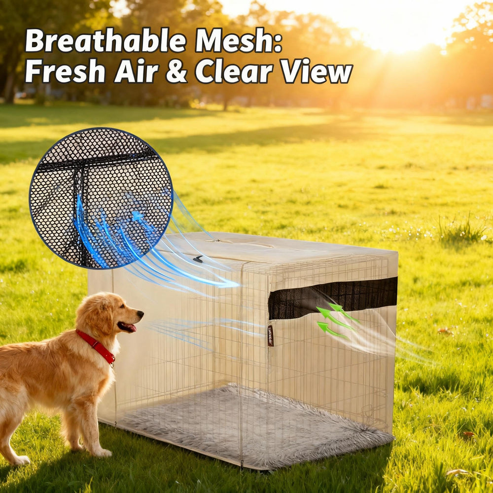 HiCaptain dog crate cover beige side view shows secure fit.