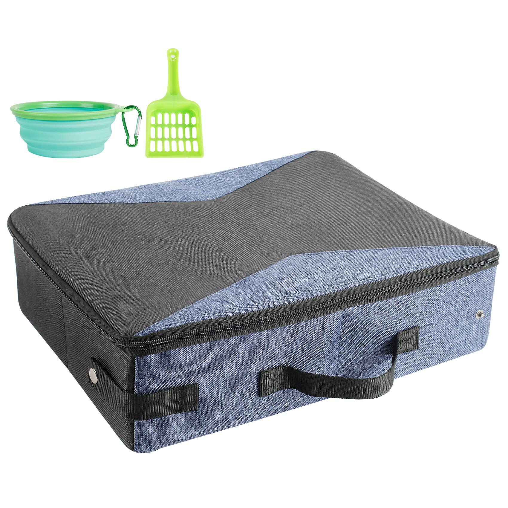 HiCaptain portable travel litter box in blue and grey for cats.