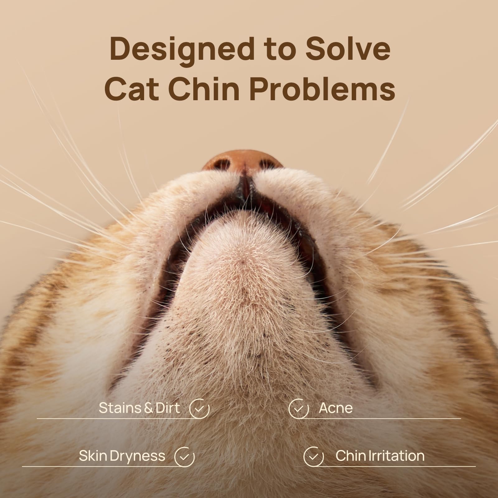 Finger sleeve on hand preparing to clean a cat's chin with HICC PET wipes