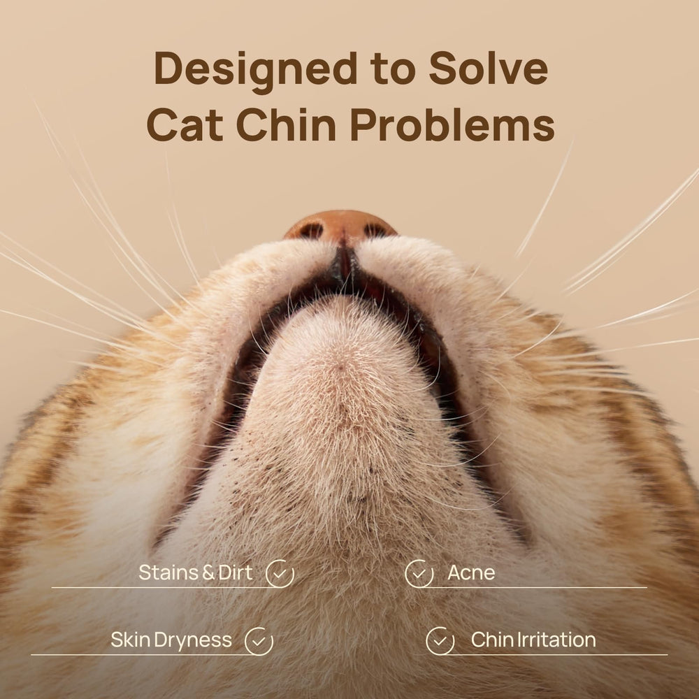 Finger sleeve on hand preparing to clean a cat's chin with HICC PET wipes