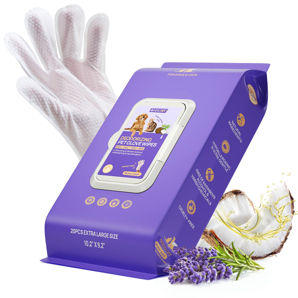 HICC PET Cleaning Deodorizing Glove Wipes packaging highlights convenient grooming for pets.