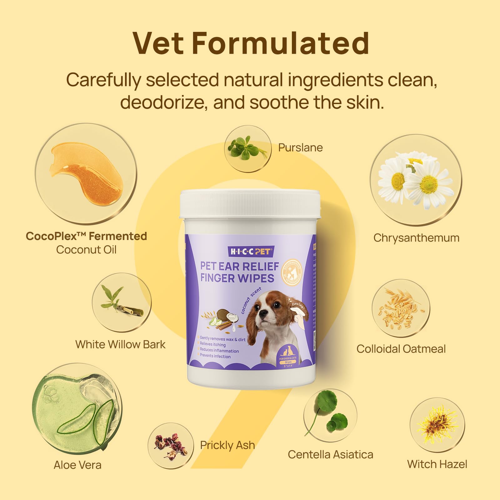 HICC PET Ear Wipes sized 5in x 1.9in for easy finger use.