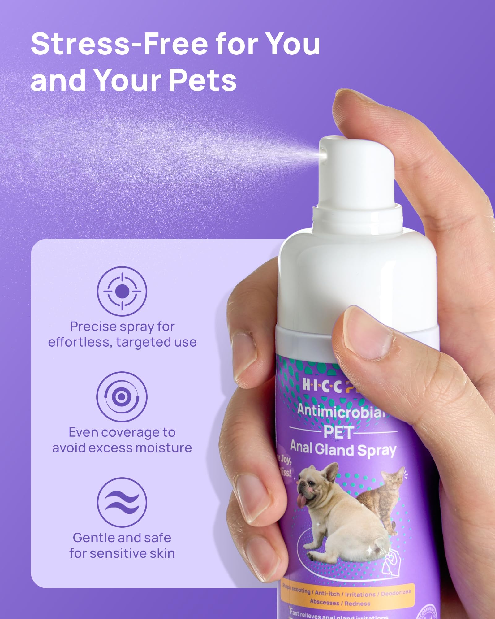 HICC PET Gentle-lick-safe formula helps calm sensitive skin around the anal area.