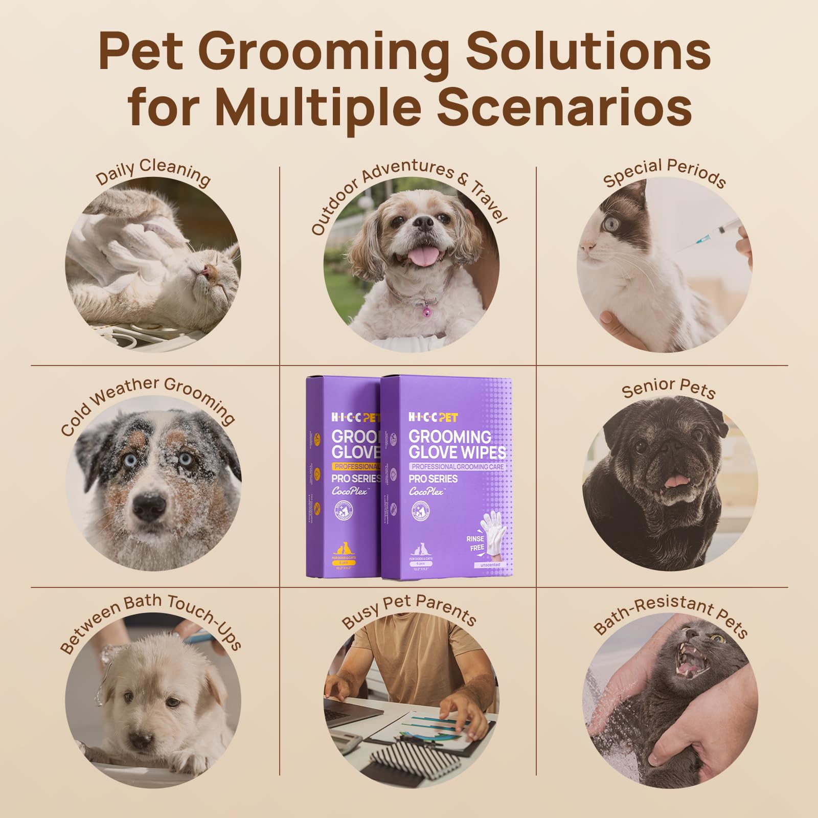 HICC PET Glove Wipes Pro portable six-pack for home grooming