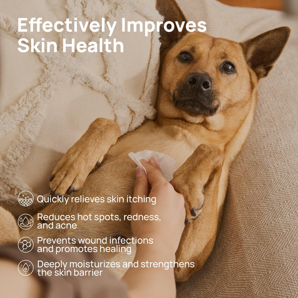 HICC PET Itch Relief Wipes label highlights vet-tested reassurance for sensitive skin.