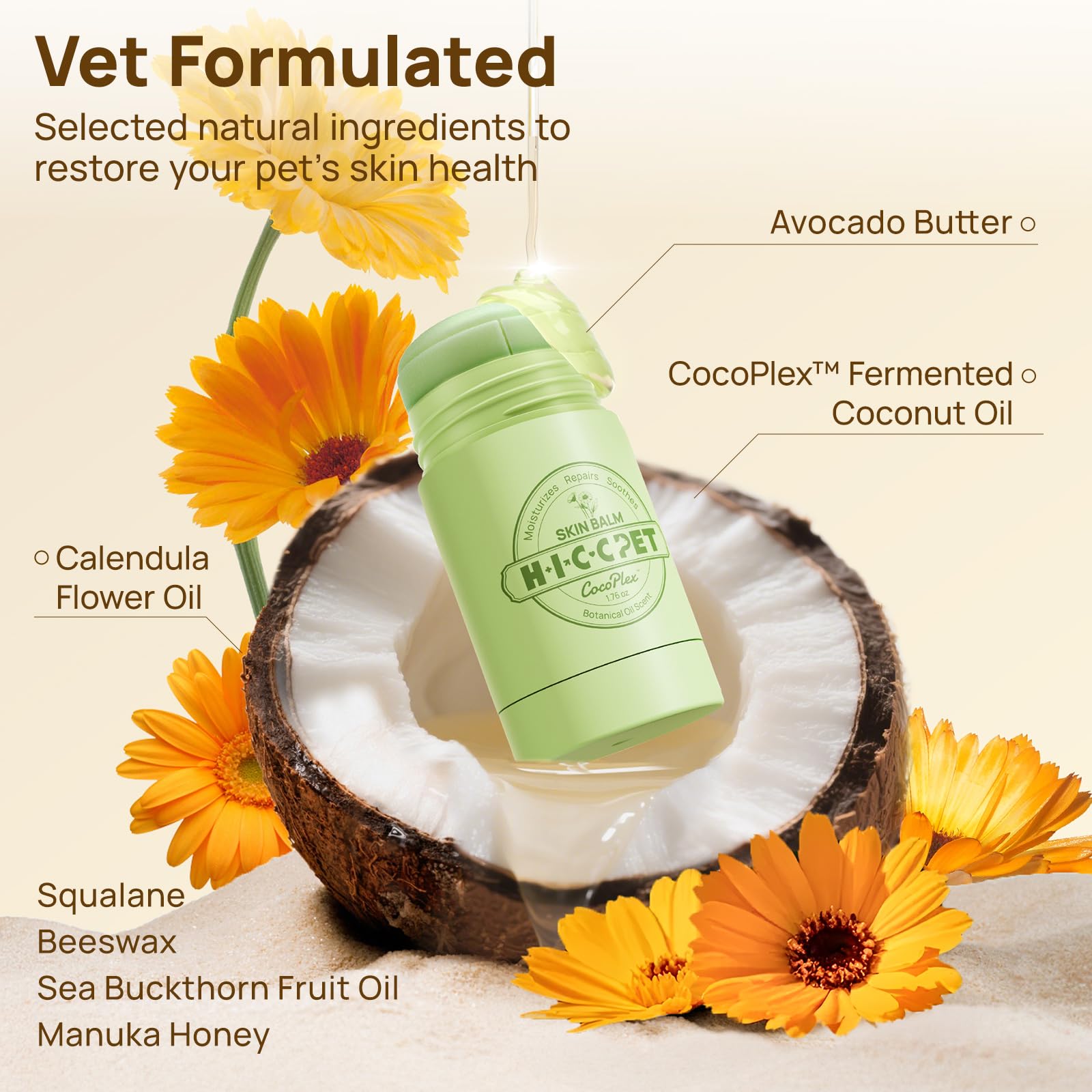 Close-up of natural ingredients in HICC PET Skin Balm