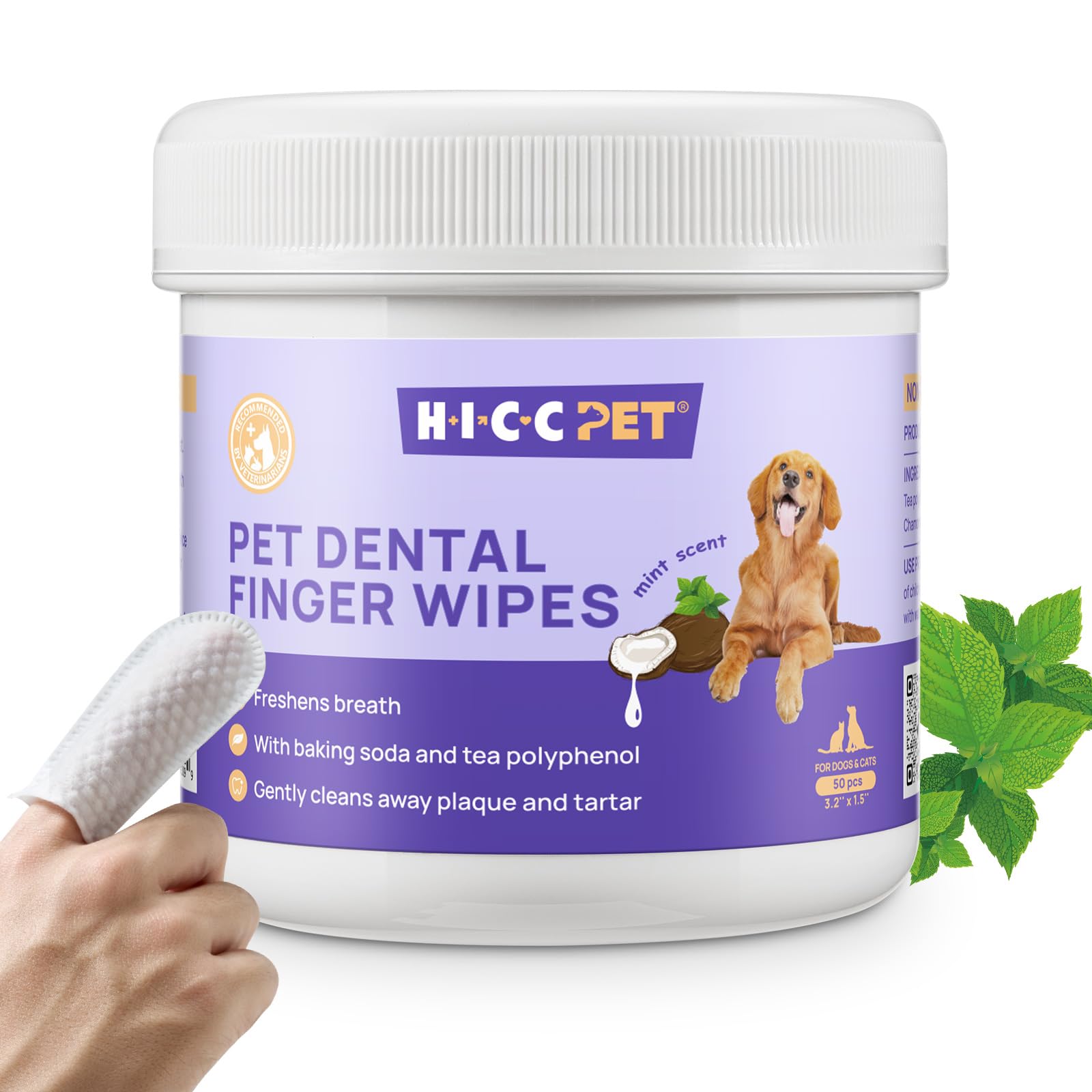 HICC Pet Teeth Cleaning Wipes for dogs – finger wipe for quick tartar control.
