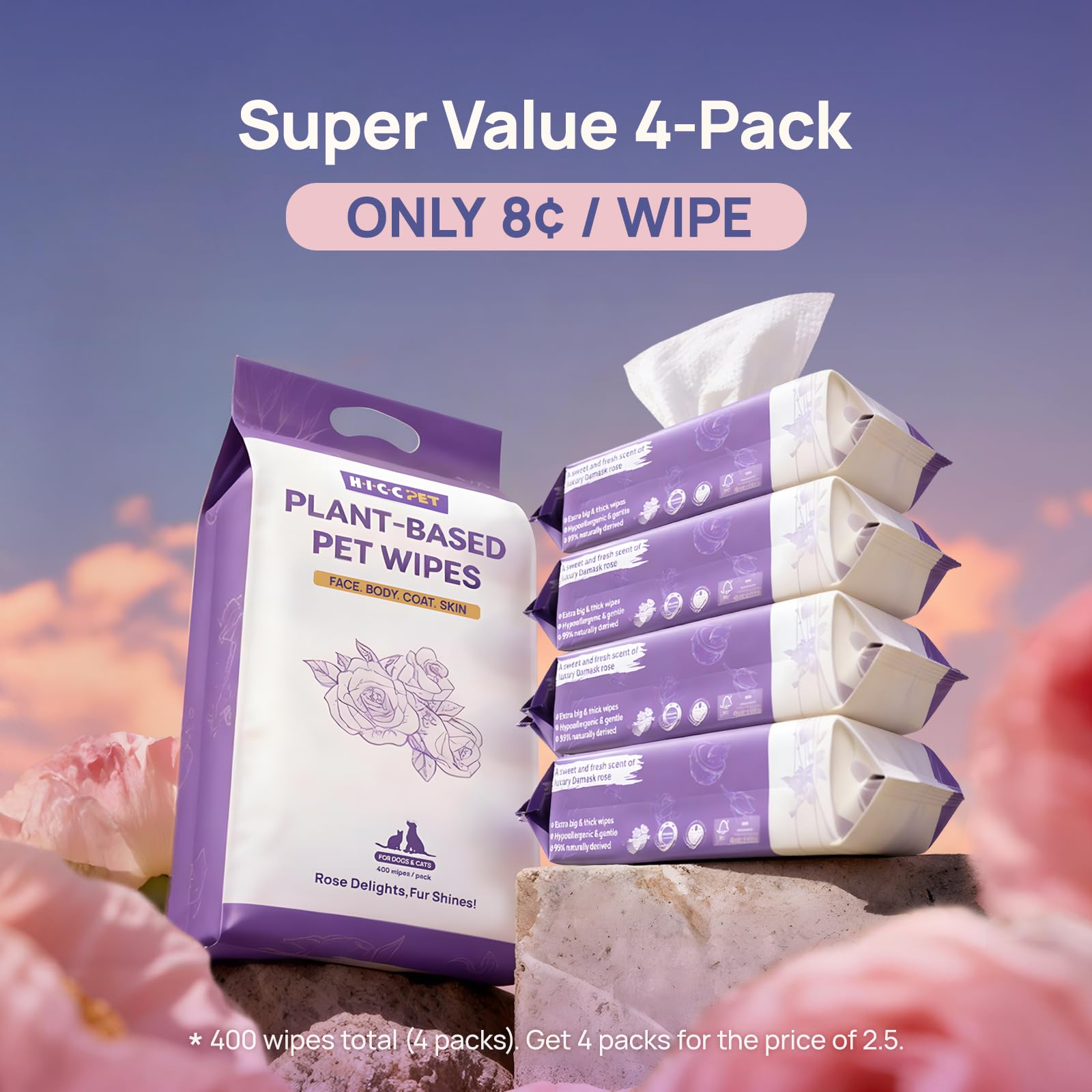 HICC PET Cleaning Wipes eight-by-eight inch sheets cover large areas efficiently