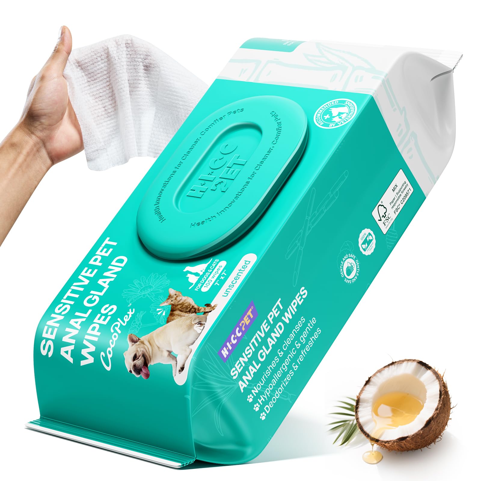HICC PET Wipes packaging display for dogs and cats showing eco-friendly care solution
