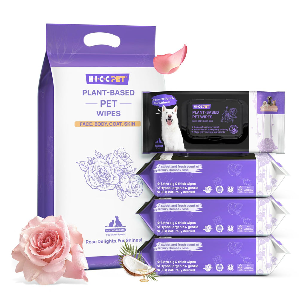 HICC PET Cleaning Wipes rose packaging shown for convenient home use and travel freshening