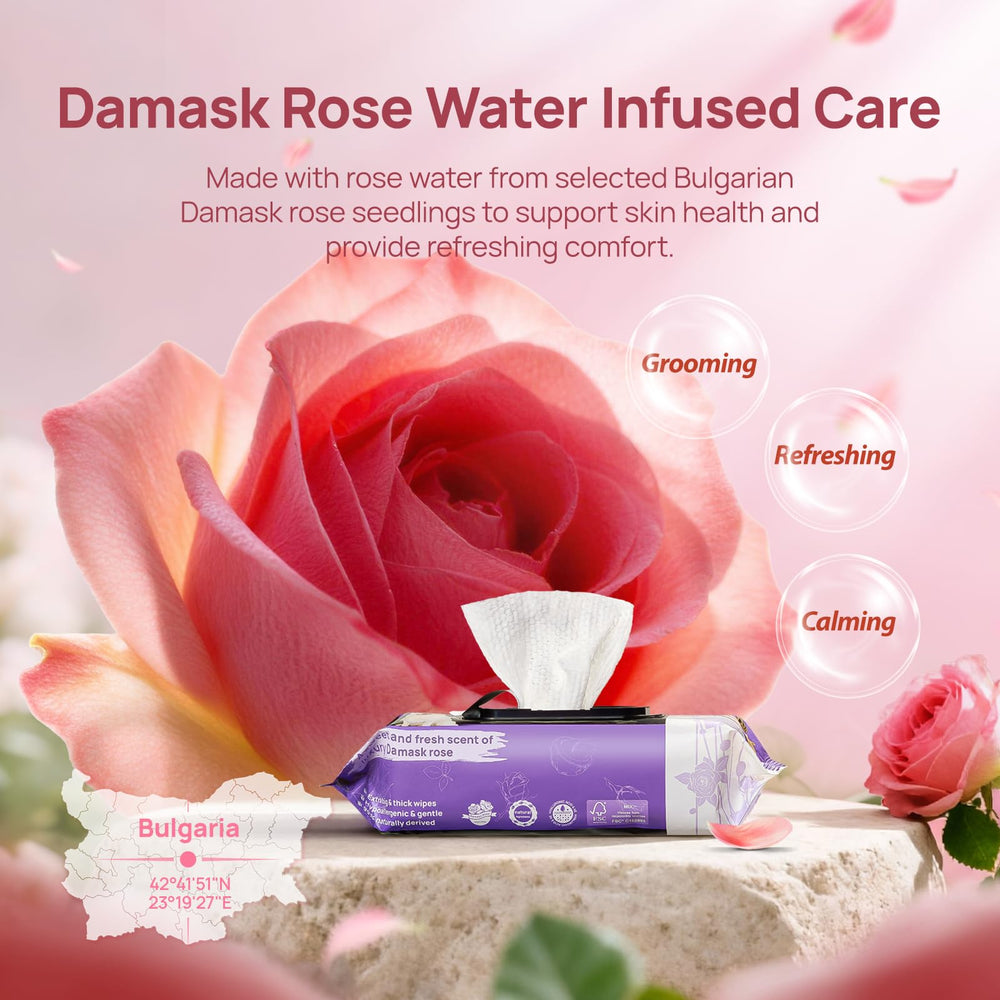 HICC PET Cleaning Wipes with rose scent deodorizers between baths