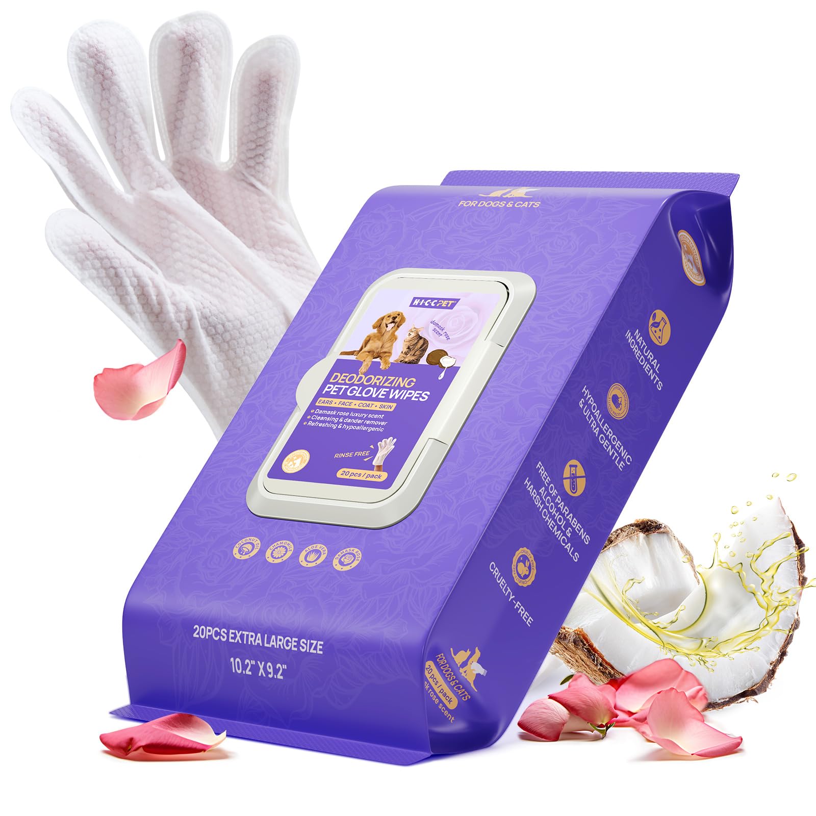 HICC PET Cleaning Deodorizing Glove Wipes for dogs; quick coat refresh and odor control.