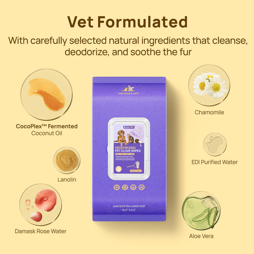 HICC PET Ears and eyes glove wipes for dogs; safe cleaning for delicate zones.