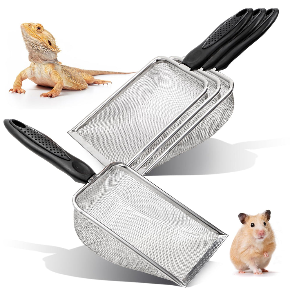 Hiceeden four-pack mesh scooper in stainless steel for beach, pet bath, and shell collecting.