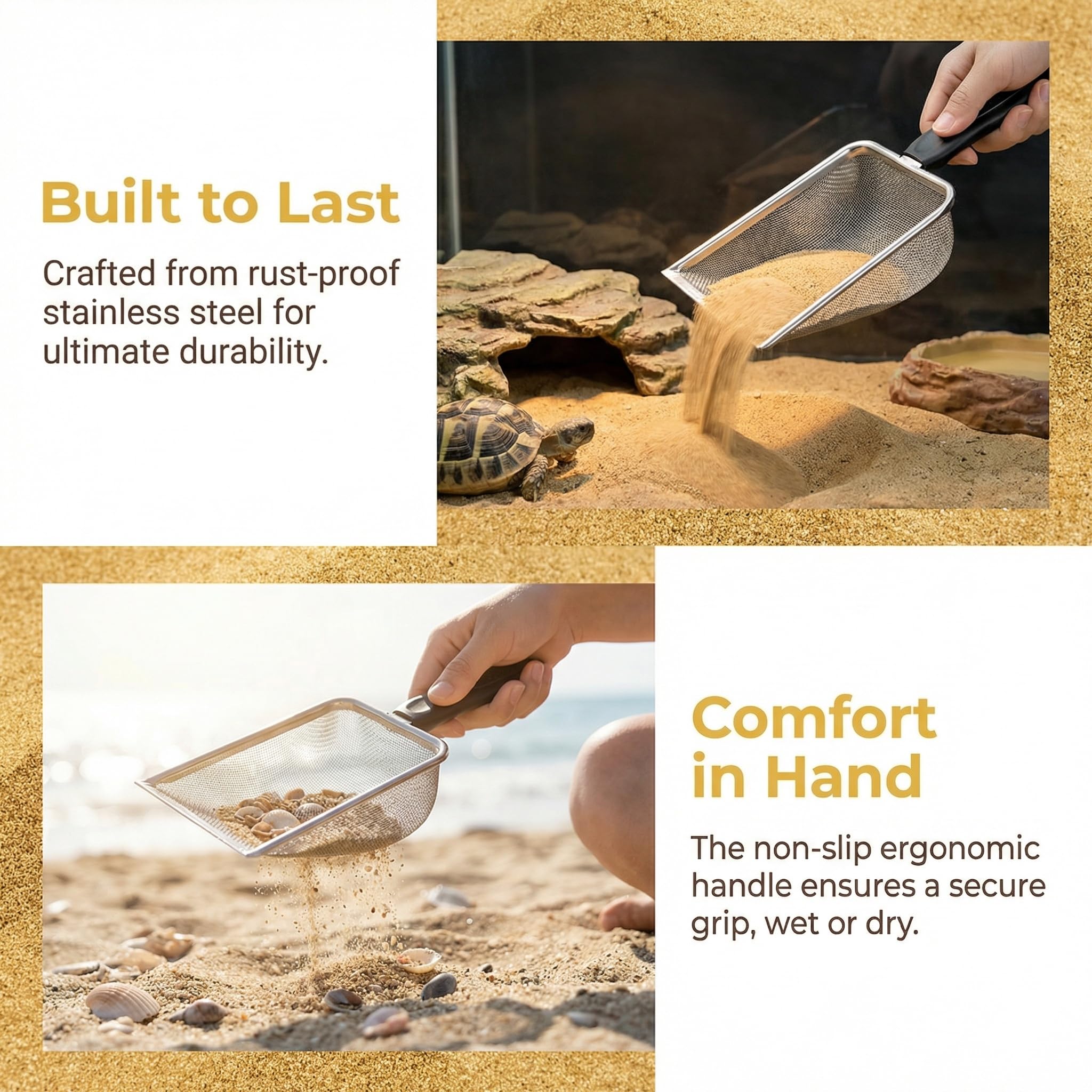 Hiceeden rust-proof stainless steel scooper resists corrosion on seaside adventures and pet habitats.