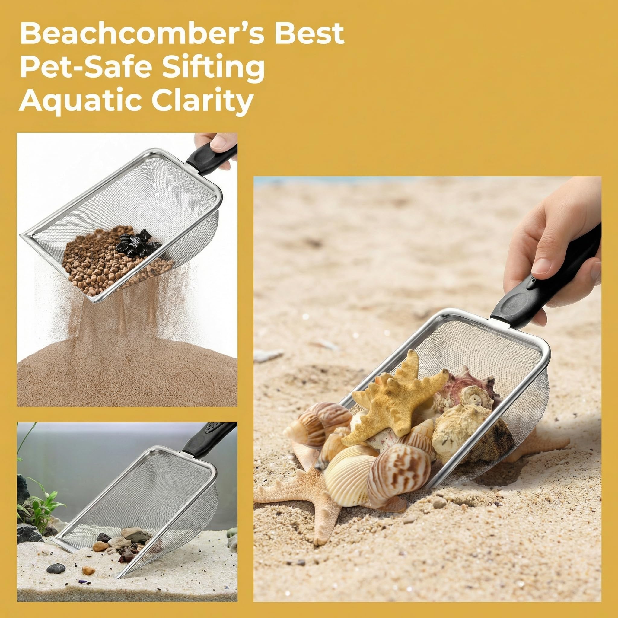Hiceeden shell-collecting at the shore with this scoop for gentle sand-filtering.