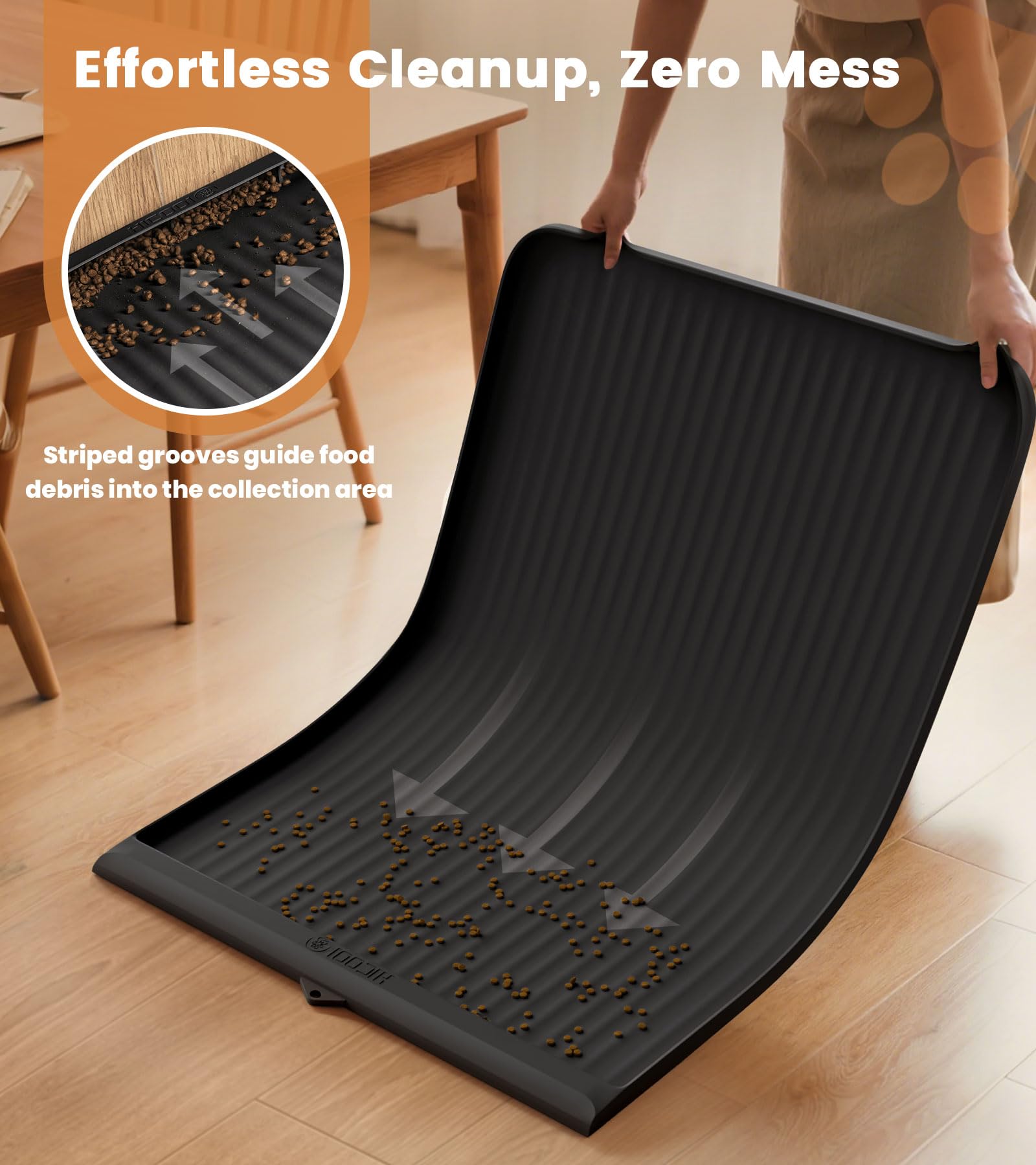 HICOOI dog food mat with diversion grooves guides spills into the collection area.