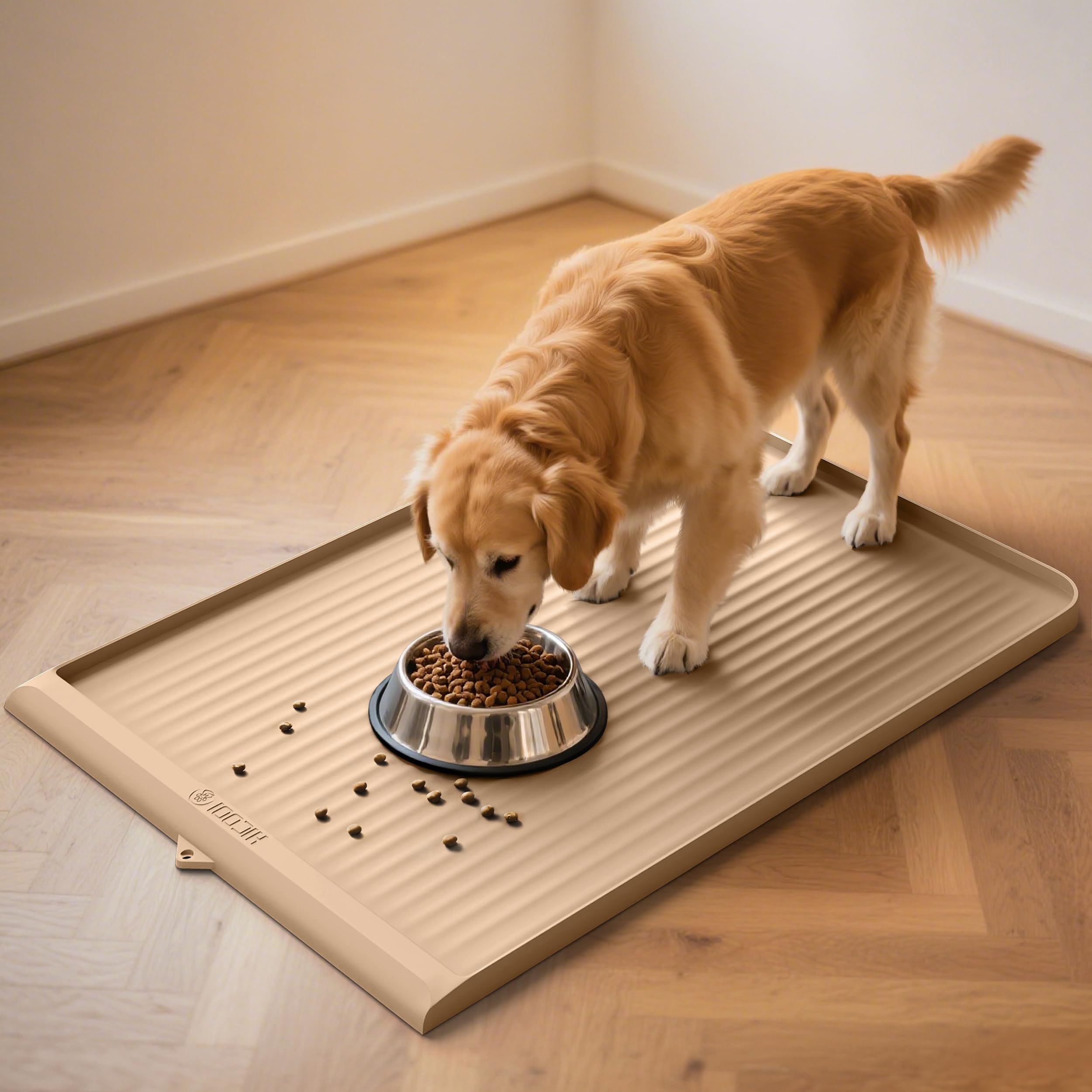 HICOOI dog food mat with raised-edges containing spills on floors.