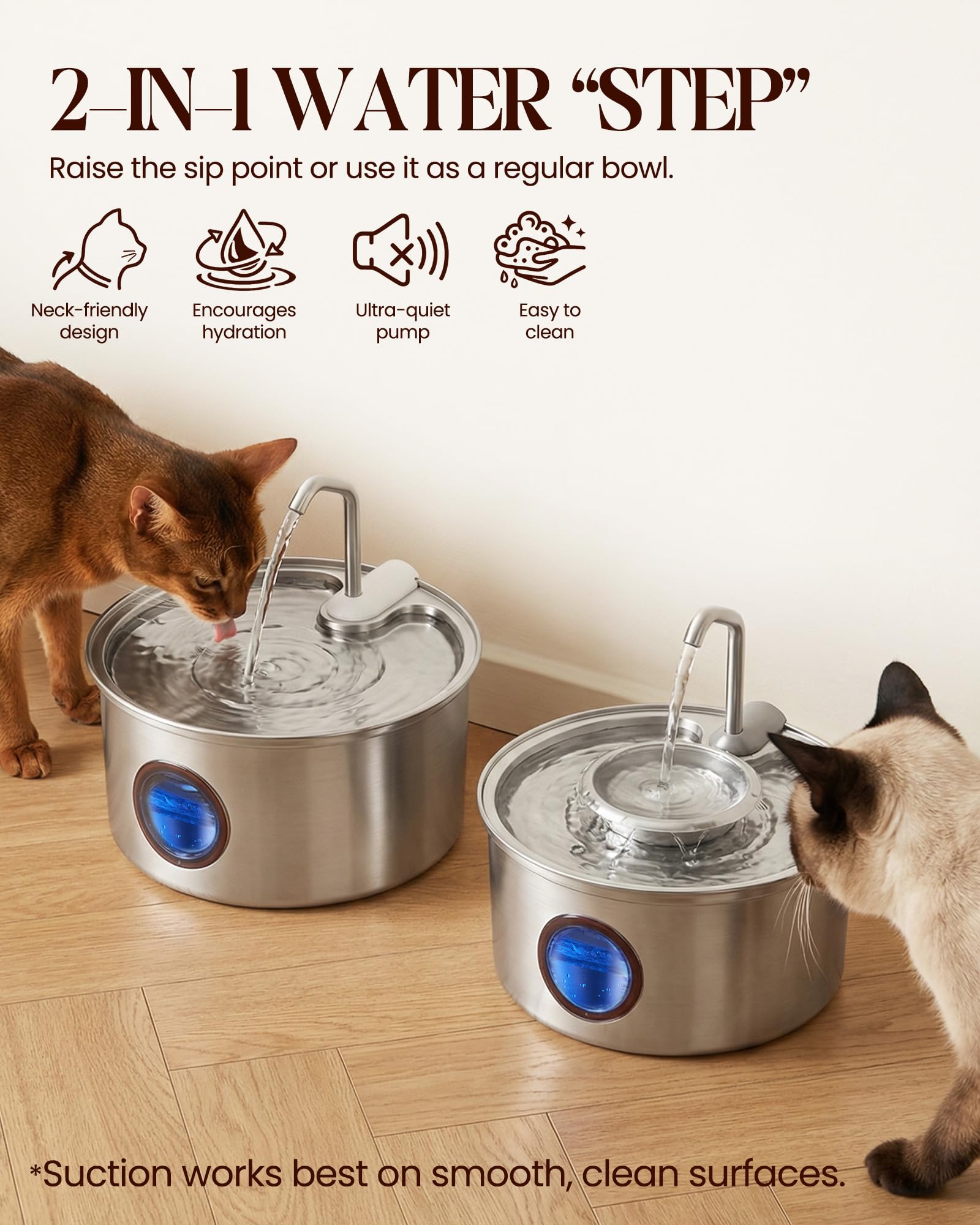 Hicuper cat water fountain side view highlighting compact footprint and accessible water flow