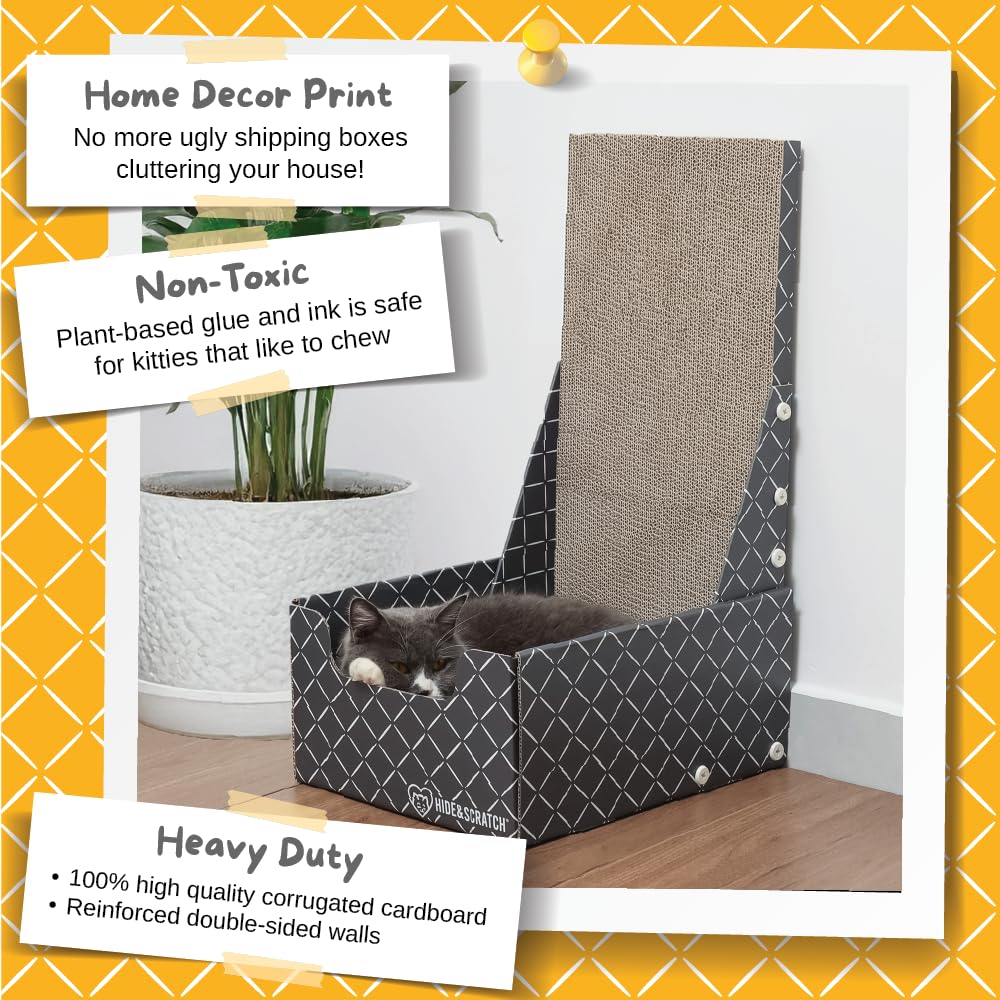 Hide & Scratch cat scratcher box, assembly diagram, simple setup with included tools.