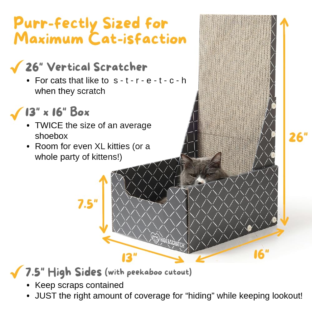Hide & Scratch cardboard cat scratcher box bed, interior view, enclosed nap space plus scratching pad.