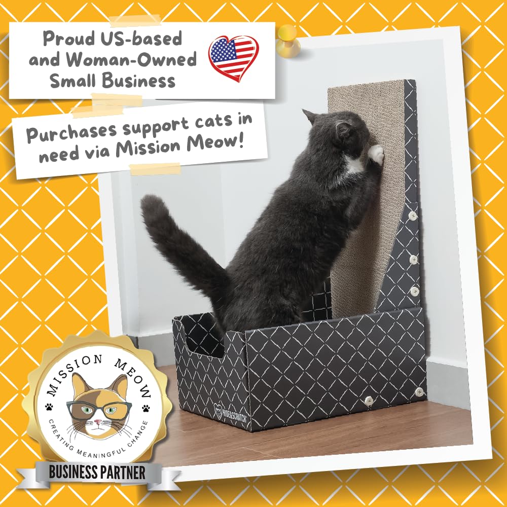 Hide & Scratch cardboard cat scratcher box bed, close-up, double-sided pad for extended use.