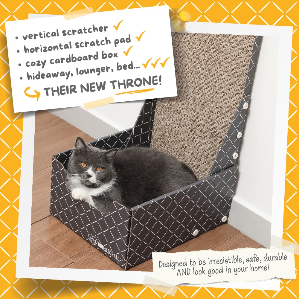 Hide & Scratch cardboard cat scratcher box bed, side view, cozy hideaway enhances feline enrichment.