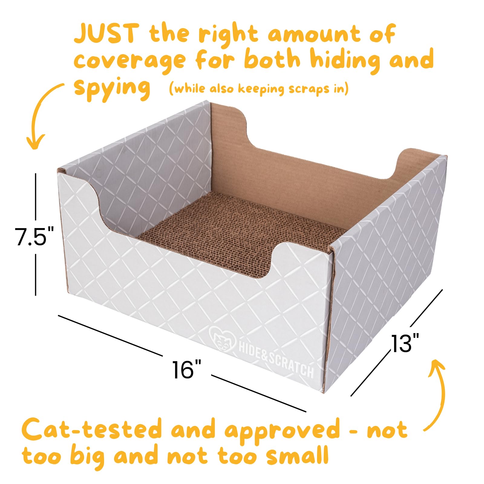 Hide & Scratch cat lounging atop the box highlights comfort and protection for furniture.
