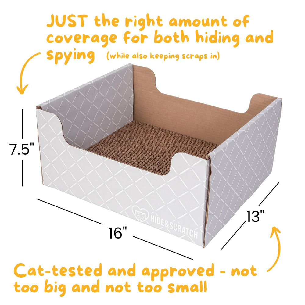 Hide & Scratch cat lounging atop the box highlights comfort and protection for furniture.
