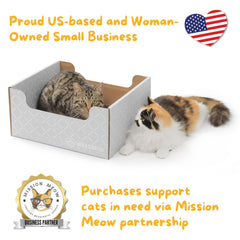 Hide & Scratch cat uses scratch pad and lounge area on durable corrugated board.