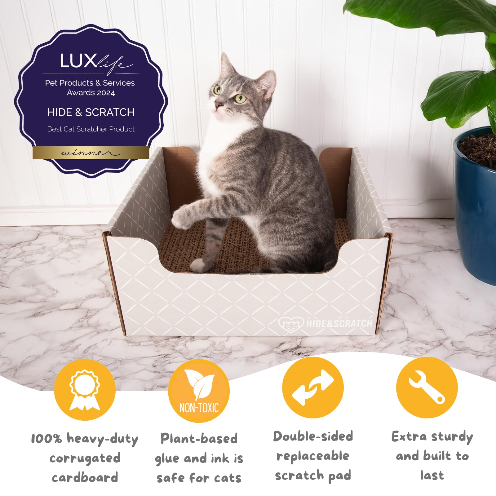 Hide & Scratch cat scratcher box side view shows cozy shelter and durable cardboard.