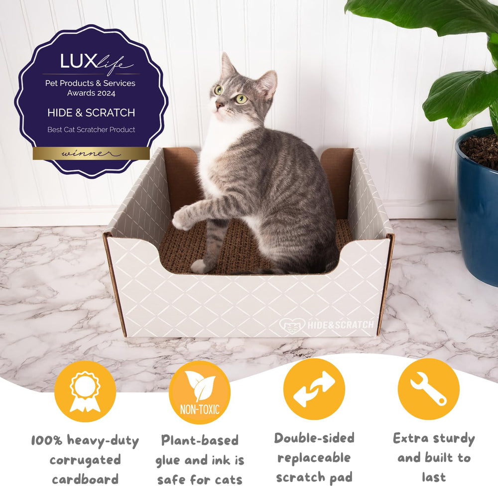 Hide & Scratch cat scratcher box side view shows cozy shelter and durable cardboard.