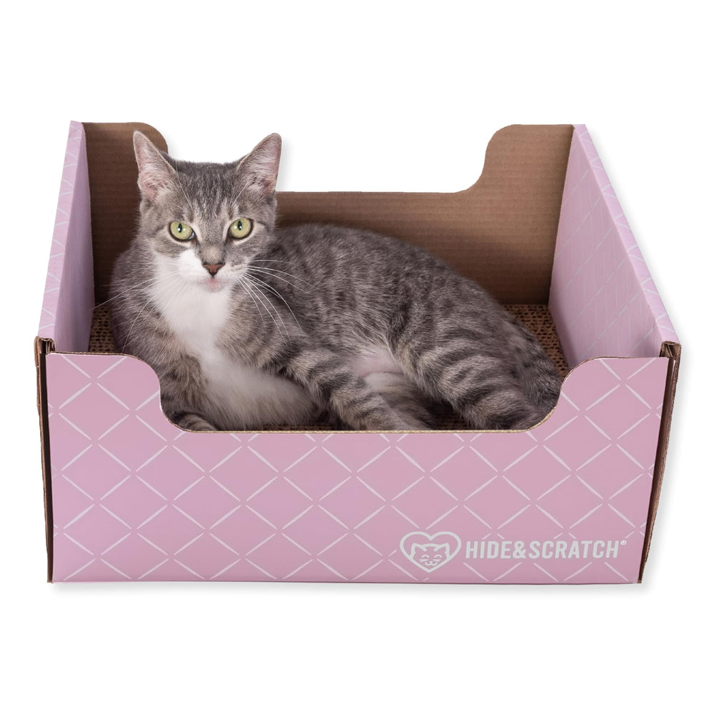 Hide & Scratch light pink diamond top view shows inviting cat scratcher and cozy bed.