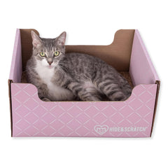 Hide & Scratch light pink diamond top view shows inviting cat scratcher and cozy bed.