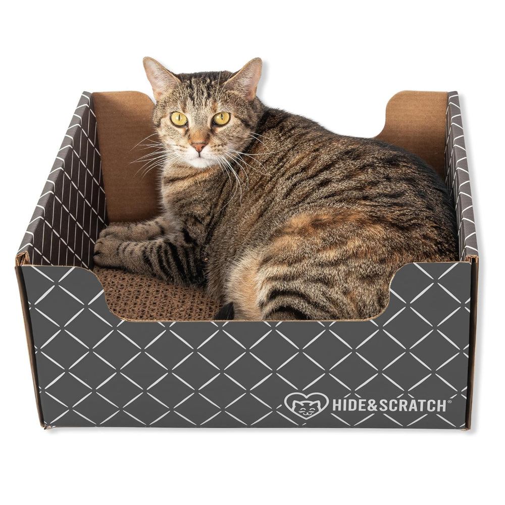 Hide & Scratch cardboard cat scratcher box dark gray diamond inside view showing cozy space