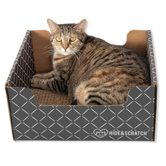 Hide & Scratch cardboard cat scratcher box dark gray diamond inside view showing cozy space