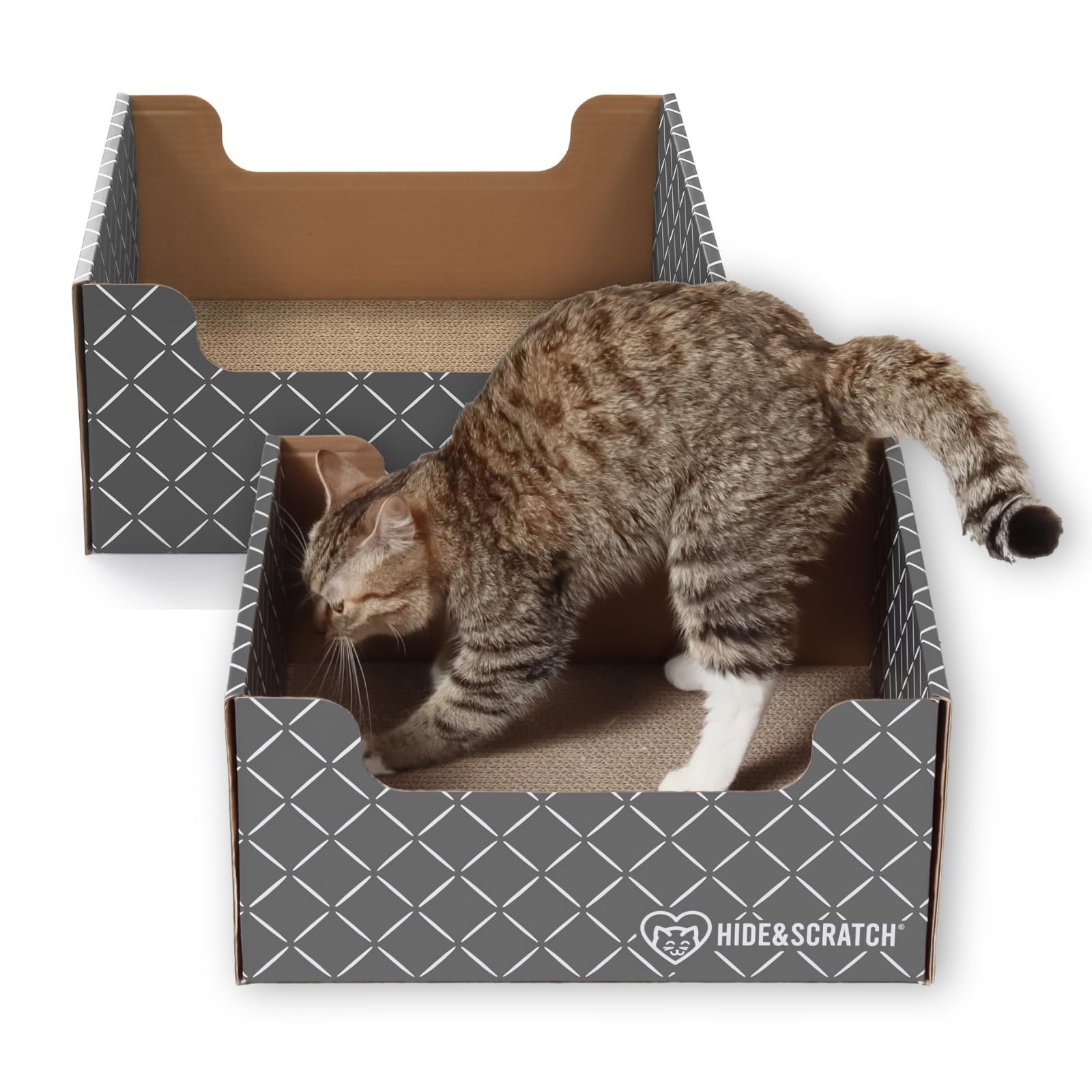 Hide & Scratch dark grey diamond cat scratcher box front view for scratching and lounging.