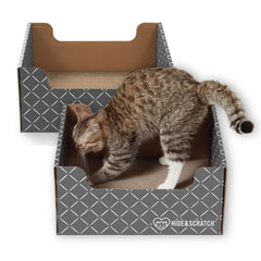 Hide & Scratch dark grey diamond cat scratcher box front view for scratching and lounging.