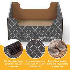 Hide & Scratch interior view with cat lounging on cozy scratch surface.