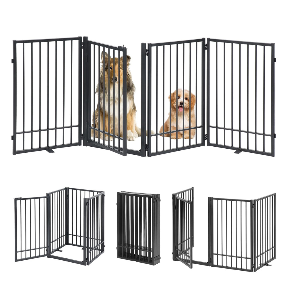 HIDOG metal freestanding dog gate with door in black, 81-inch width for wide doorways.