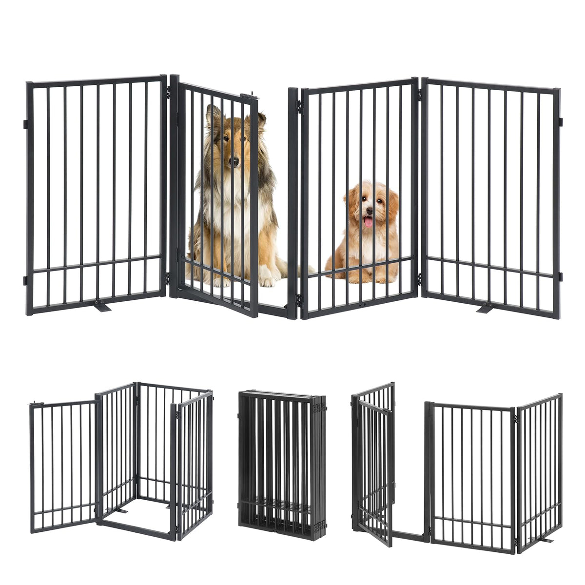 HIDOG metal freestanding dog gate with door in black, 81-inch width for wide doorways.