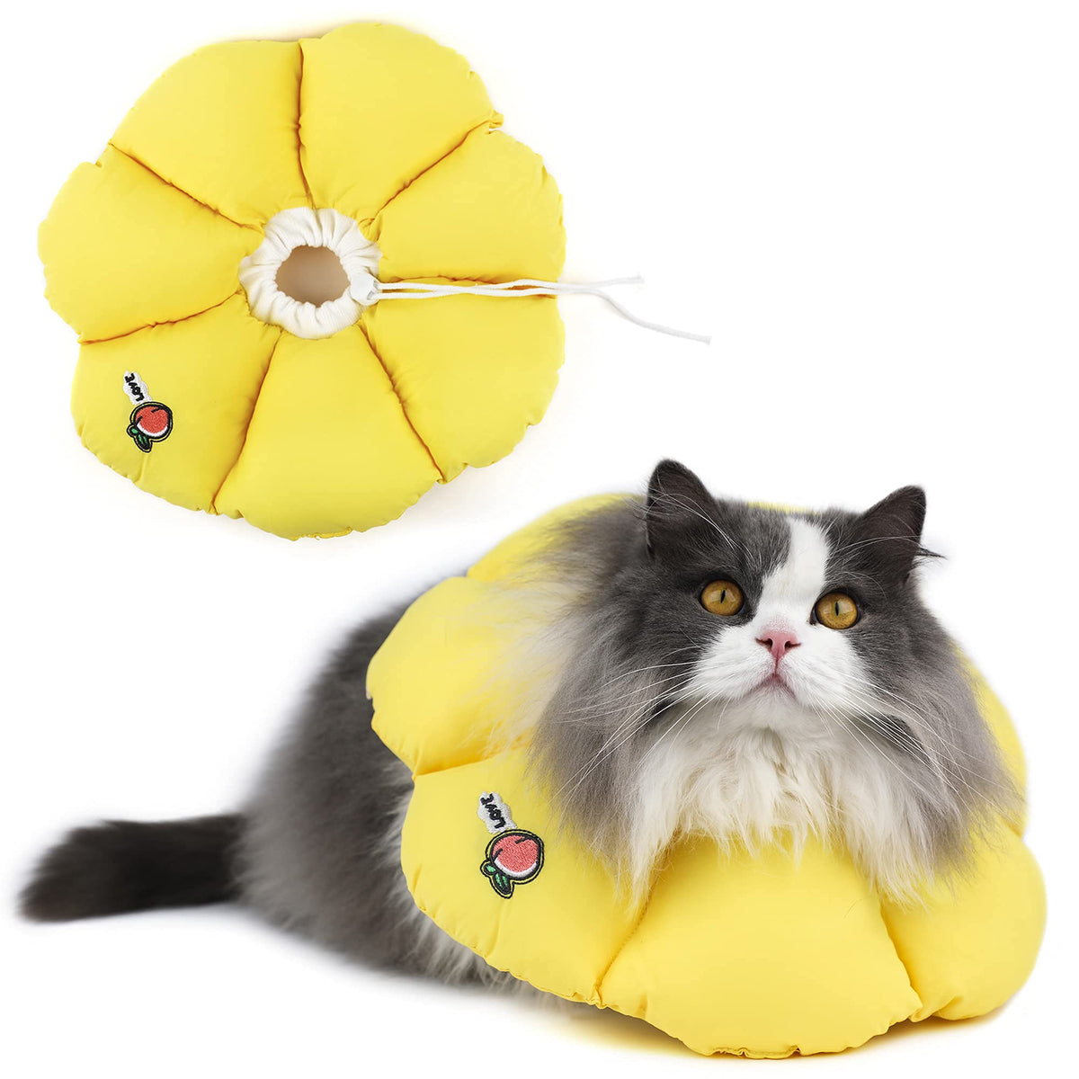 HiDREAM cat cone collar closeup with yellow flower print for gentle recovery.