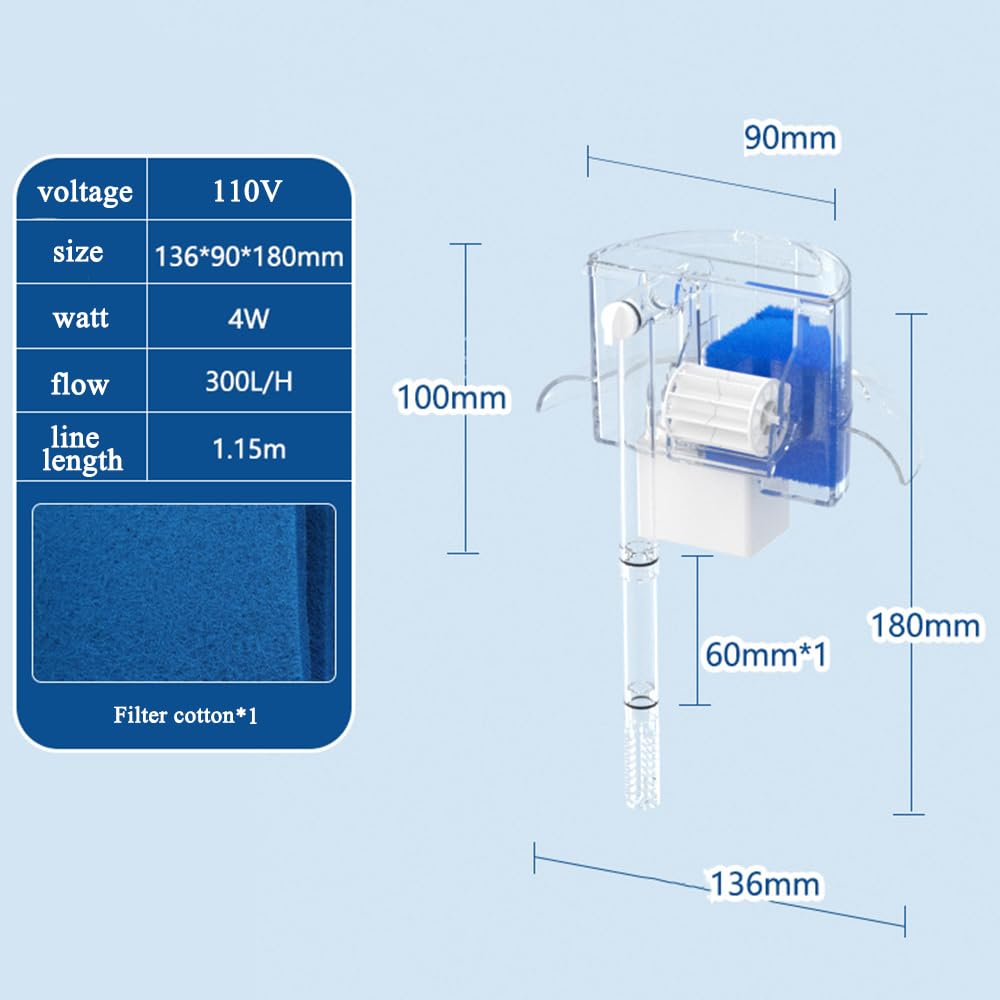 HIERYAN hang-on filter 3-in-1 highlights nitrification, oxygenation, and filtration benefits.
