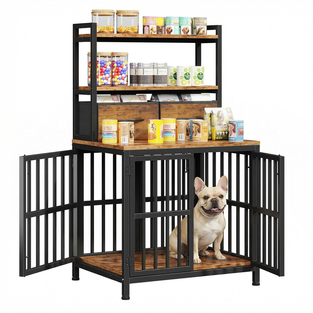 HIGDBFE dog crate furniture with drawer and shelf for organized toy and food storage.