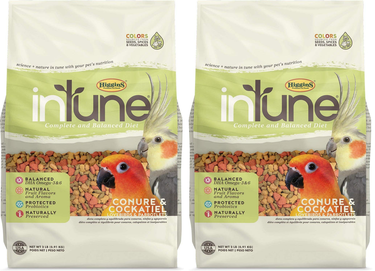 Higgins Intune 2-pack packaging for conure and cockatiel food with natural flavors.