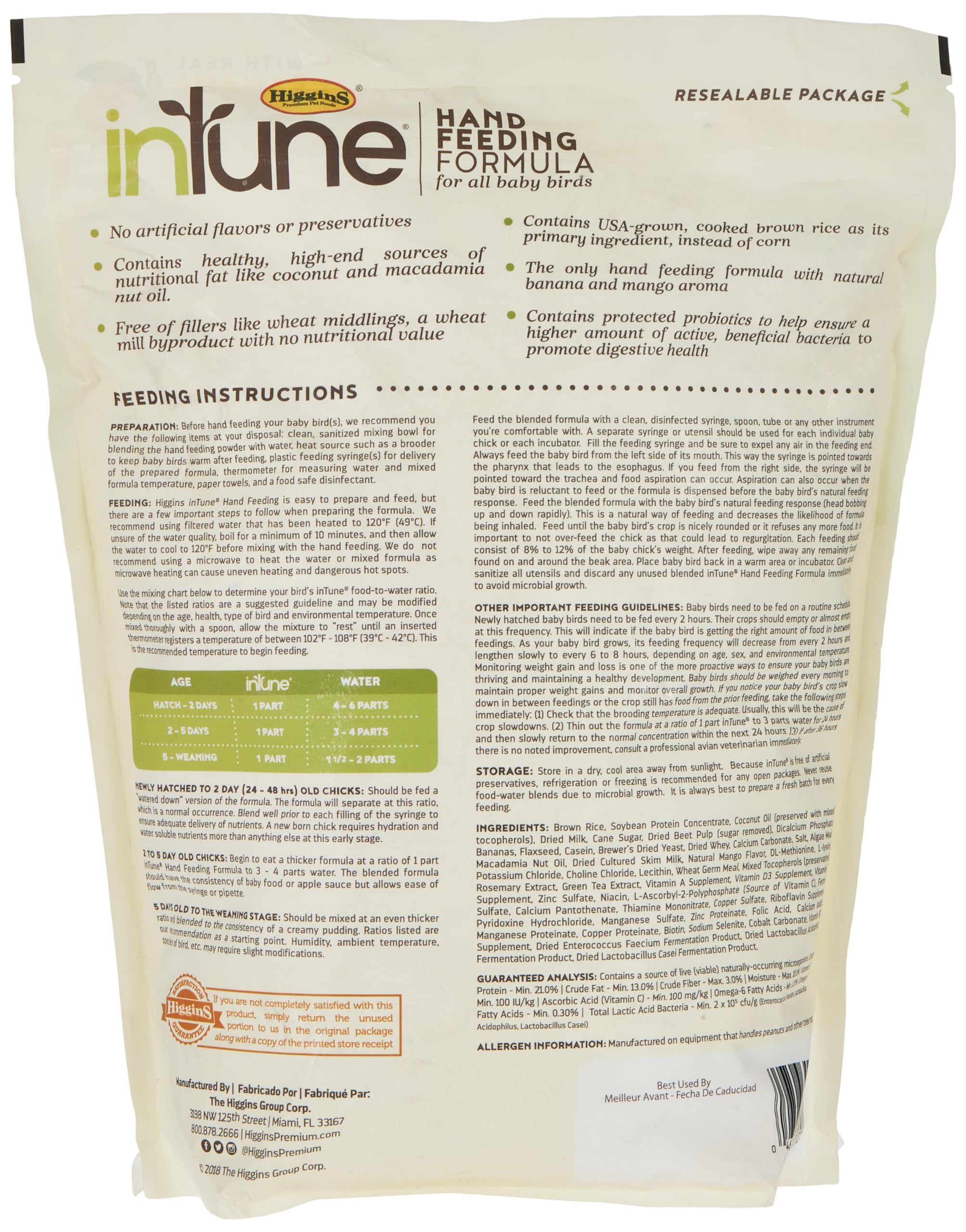Higgins Intune fruit-flavored formula with banana and mango aroma for birds