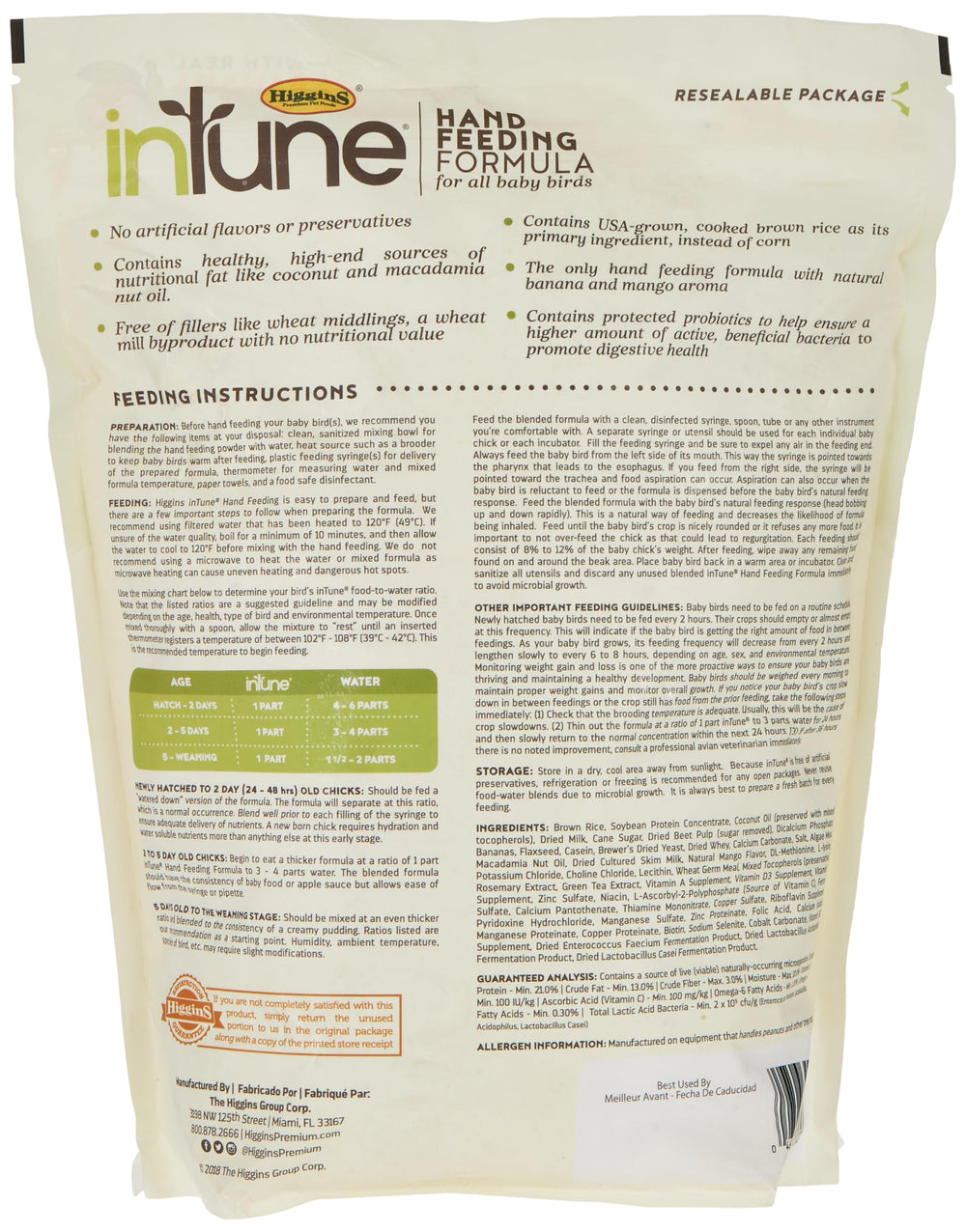 Higgins Intune fruit-flavored formula with banana and mango aroma for birds