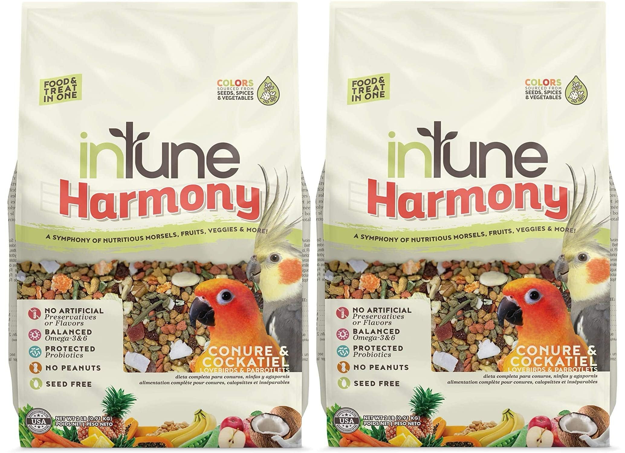 Higgins Intune Harmony bag shown with conures, promoting balanced nutrition for small parrots.