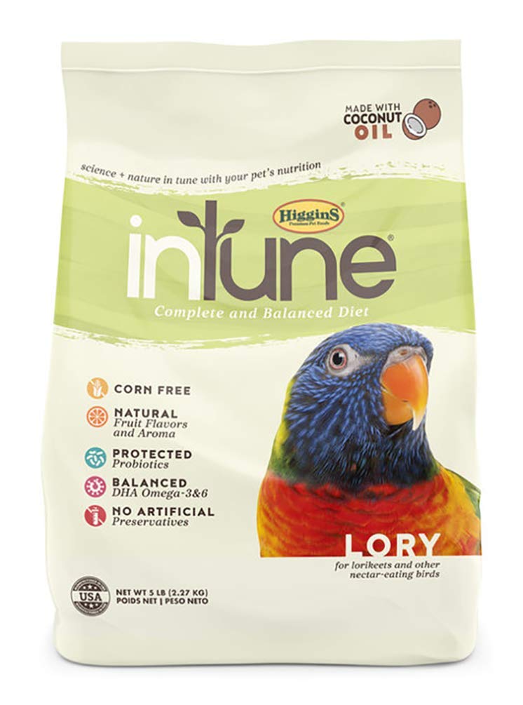 Higgins Intune Lory Food 5 lb bag showing front view for digestive balance support