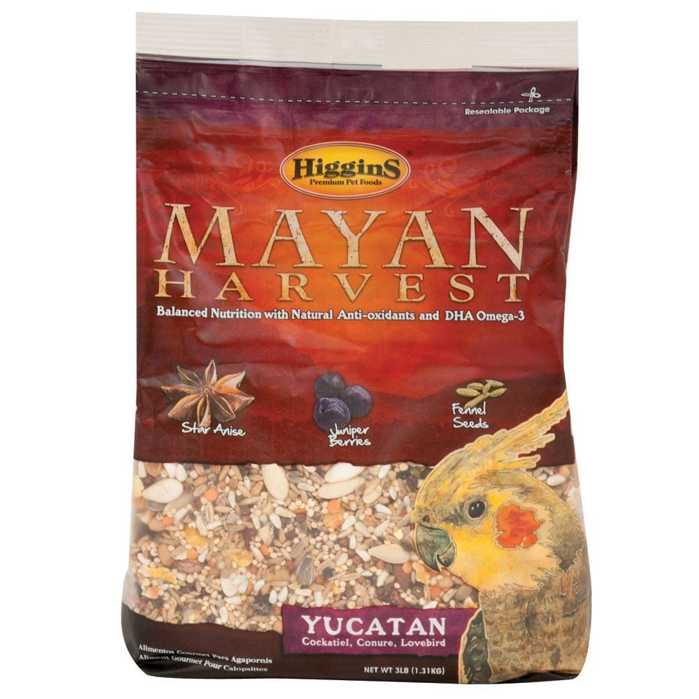 Higgins Mayan Harvest Yucatan bird food mix provides balanced nutrition for cockatiels, lovebirds and conures.